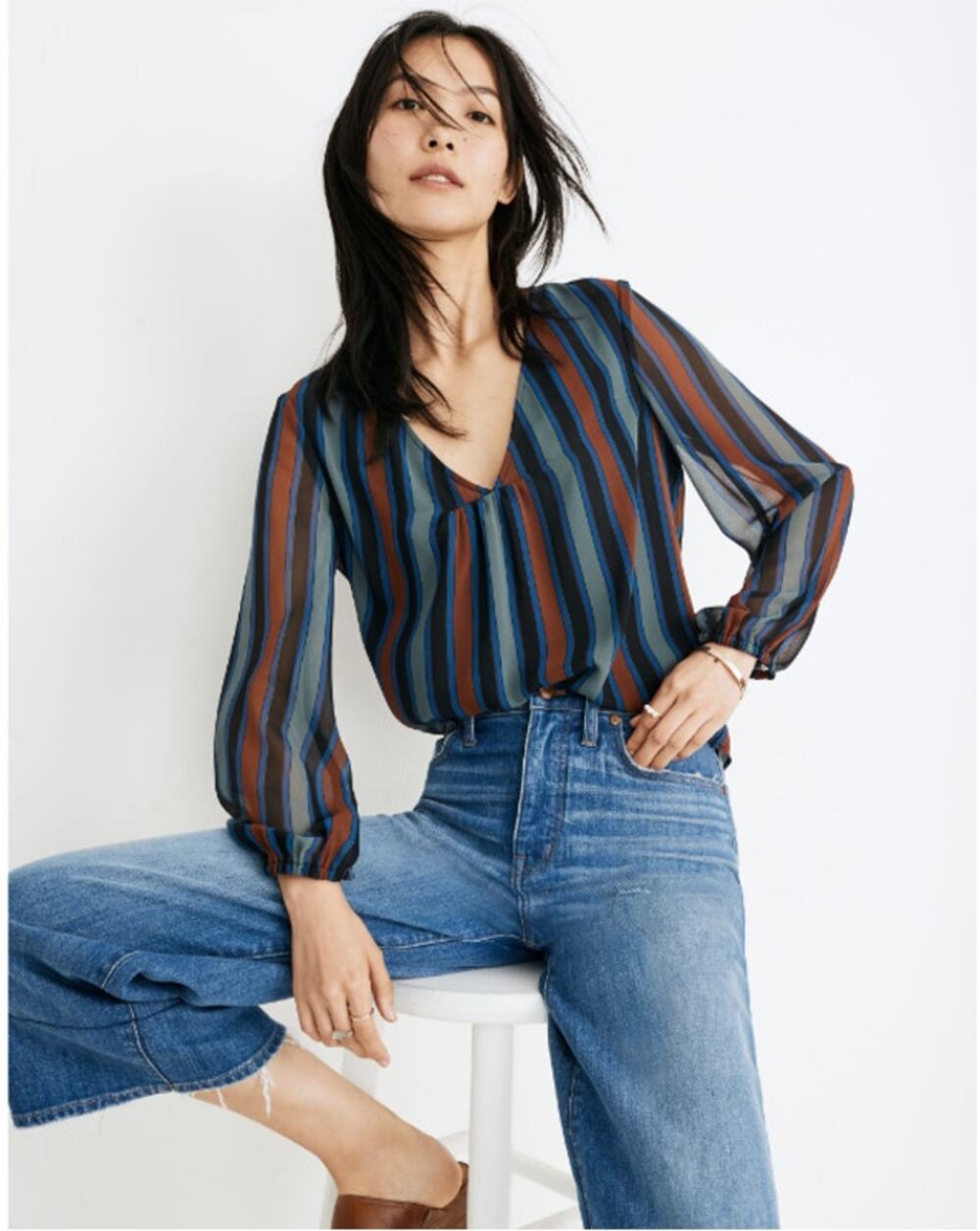 Madewell Sheer-Sleeve Top in Academy Stripe Color Winter Architect Green sz. XXS